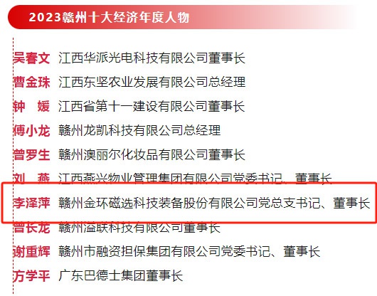 金環(huán)磁選黨總支書記、董事長(zhǎng)李澤萍榮獲 “2023贛州經(jīng)濟(jì)年度人物”